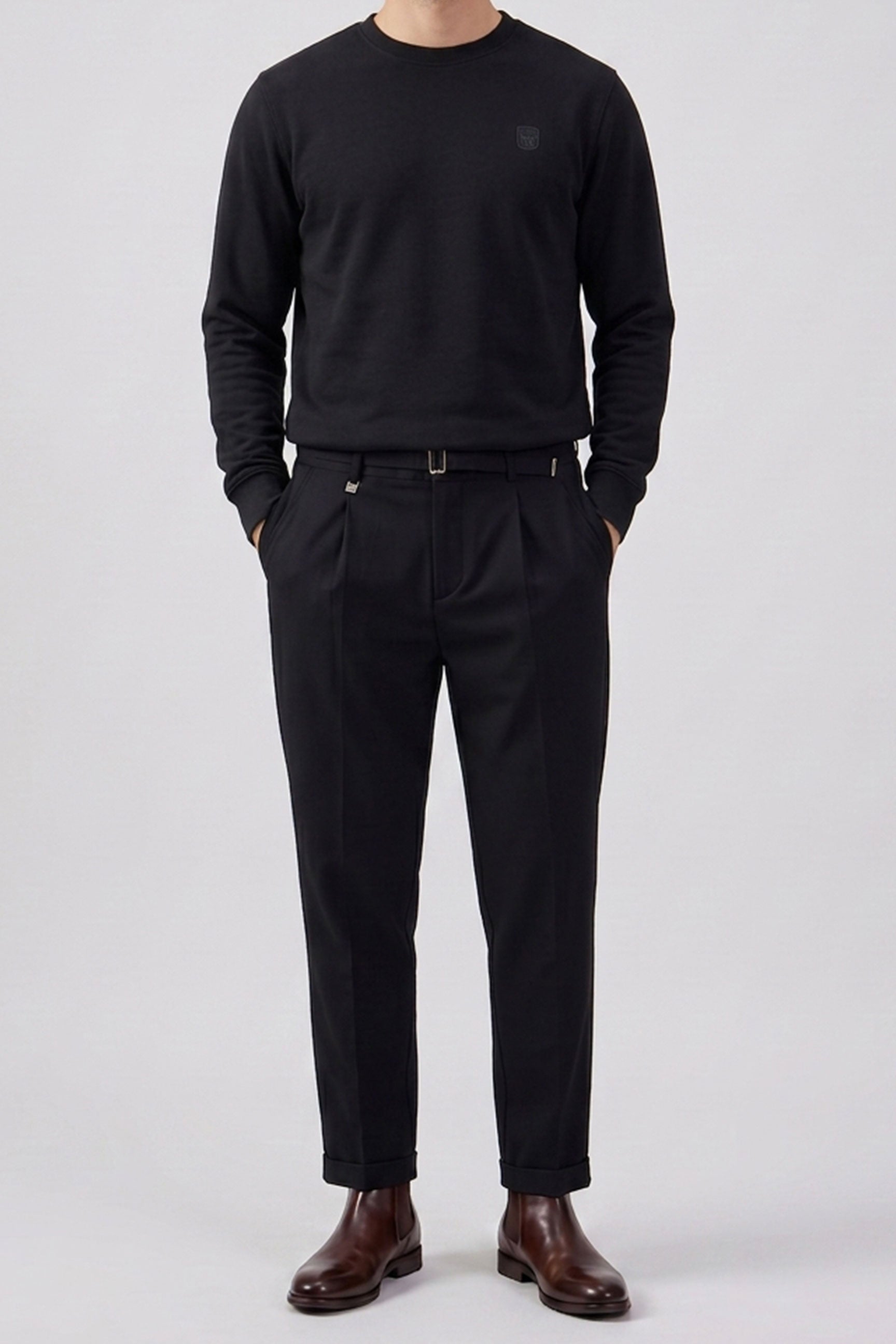 Men’s Black Cotton Blend Crew Neck Sweatshirt Long Sleeve Stretch Pullover