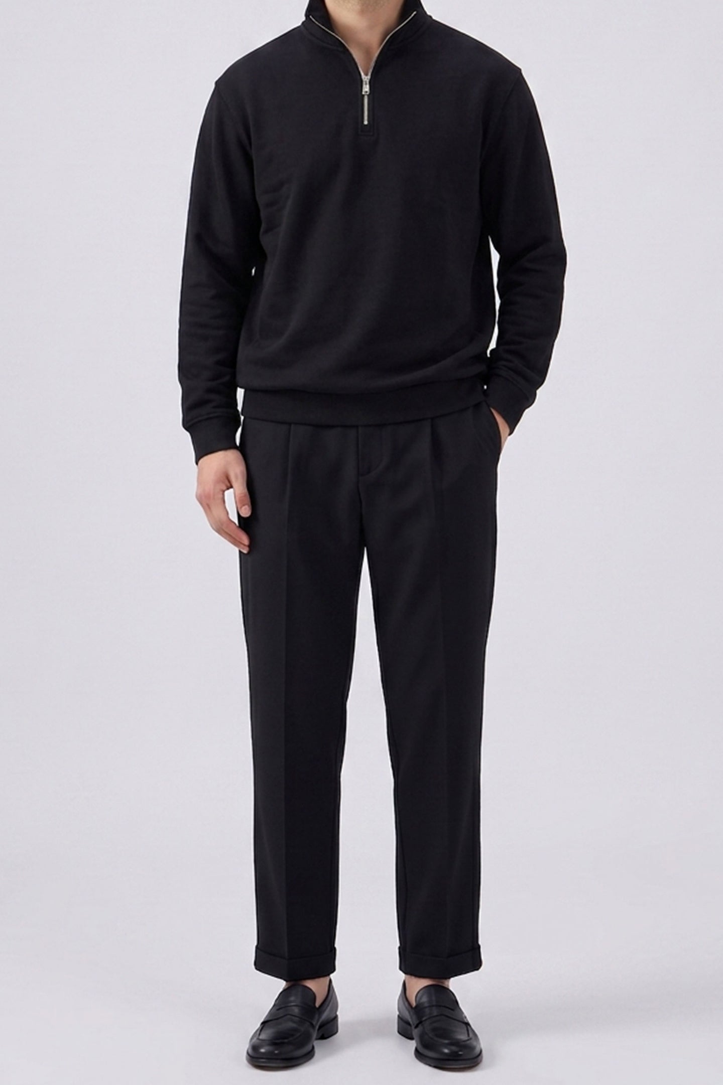 Men’s Black Quarter Zip Sweatshirt Cotton Blend Funnel Neck Pullover