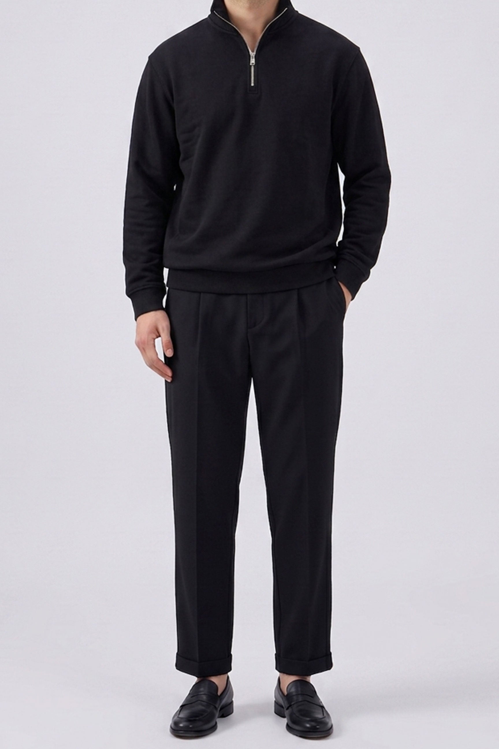 Men’s Black Quarter Zip Sweatshirt Cotton Blend Funnel Neck Pullover
