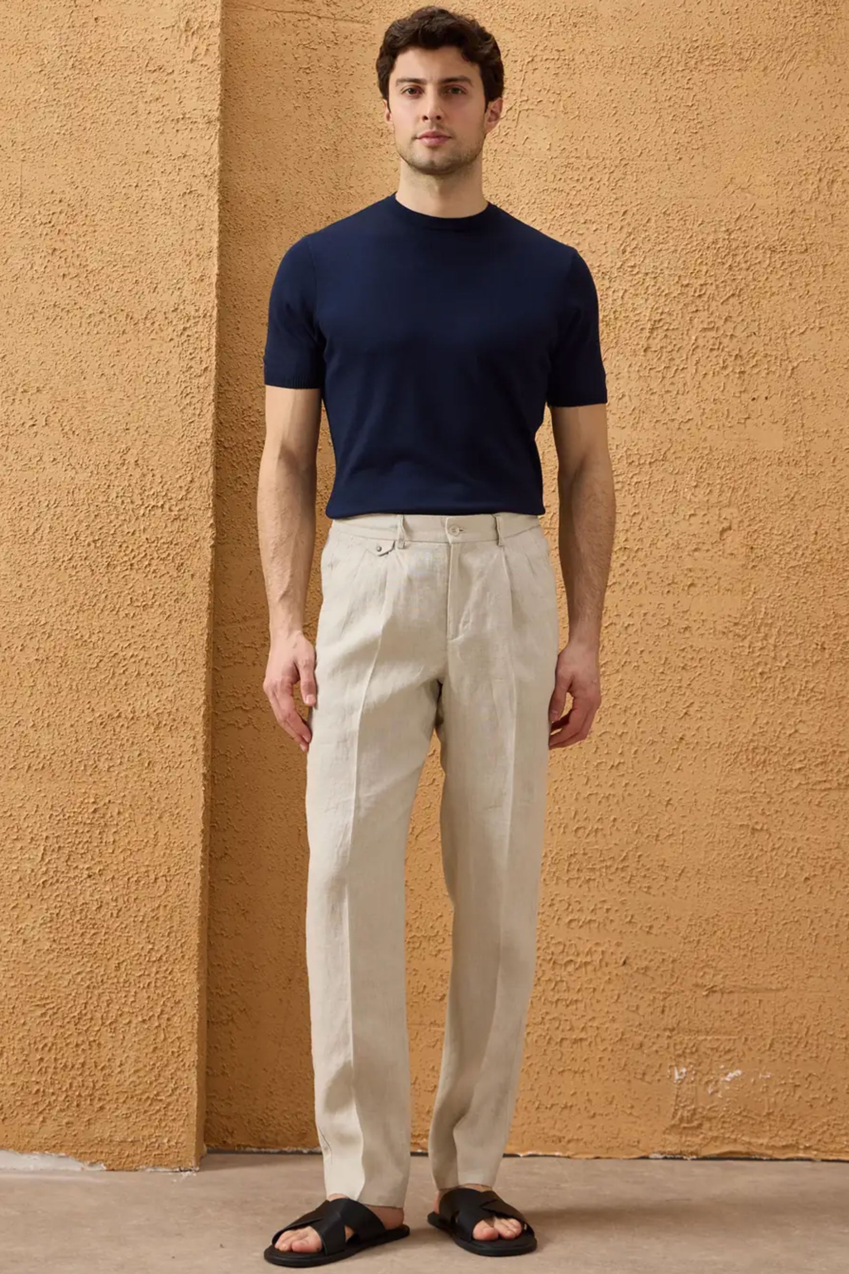 Men’s Black Zip Linen Jacket & Beige Trousers Set Smart Casual Summer Outfit