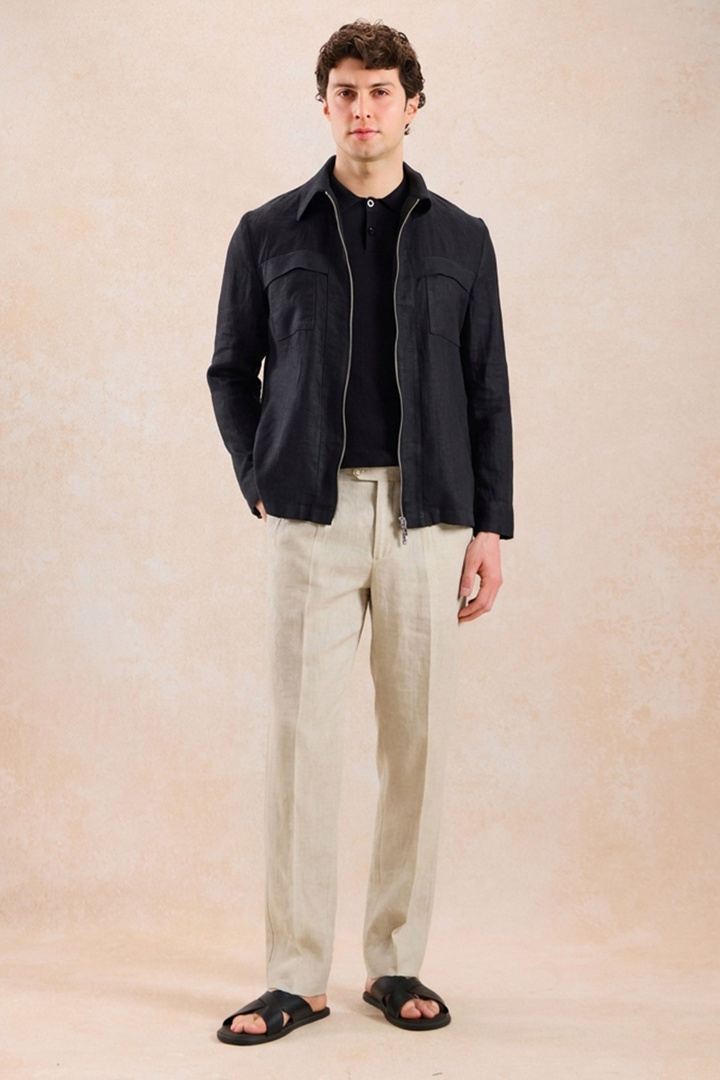 Men’s Black Zip Linen Jacket & Beige Trousers Set Smart Casual Summer Outfit