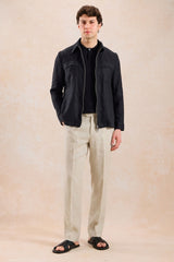 Men’s Black Zip Linen Jacket & Beige Trousers Set Smart Casual Summer Outfit