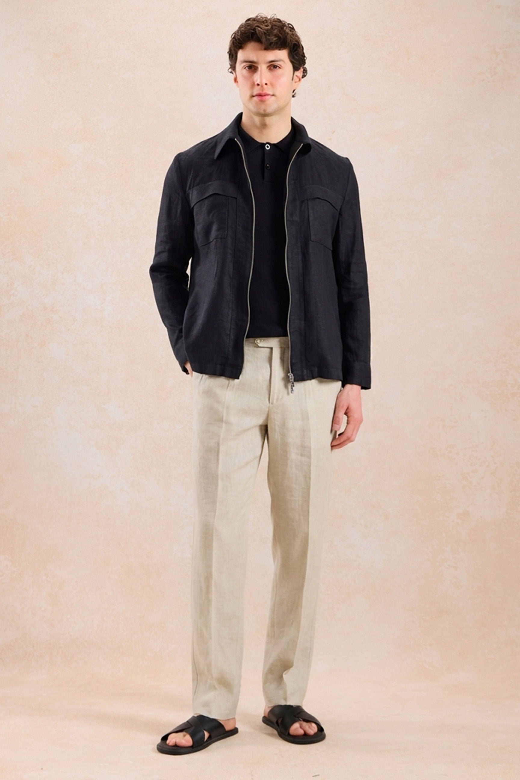 Men’s Black Zip Linen Jacket & Beige Trousers Set Smart Casual Summer Outfit