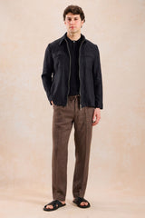 Men’s Black Zip Linen Jacket & Brown Trousers Set Smart Casual Summer Outfit