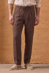 Men’s Black Zip Linen Jacket & Brown Trousers Set Smart Casual Summer Outfit