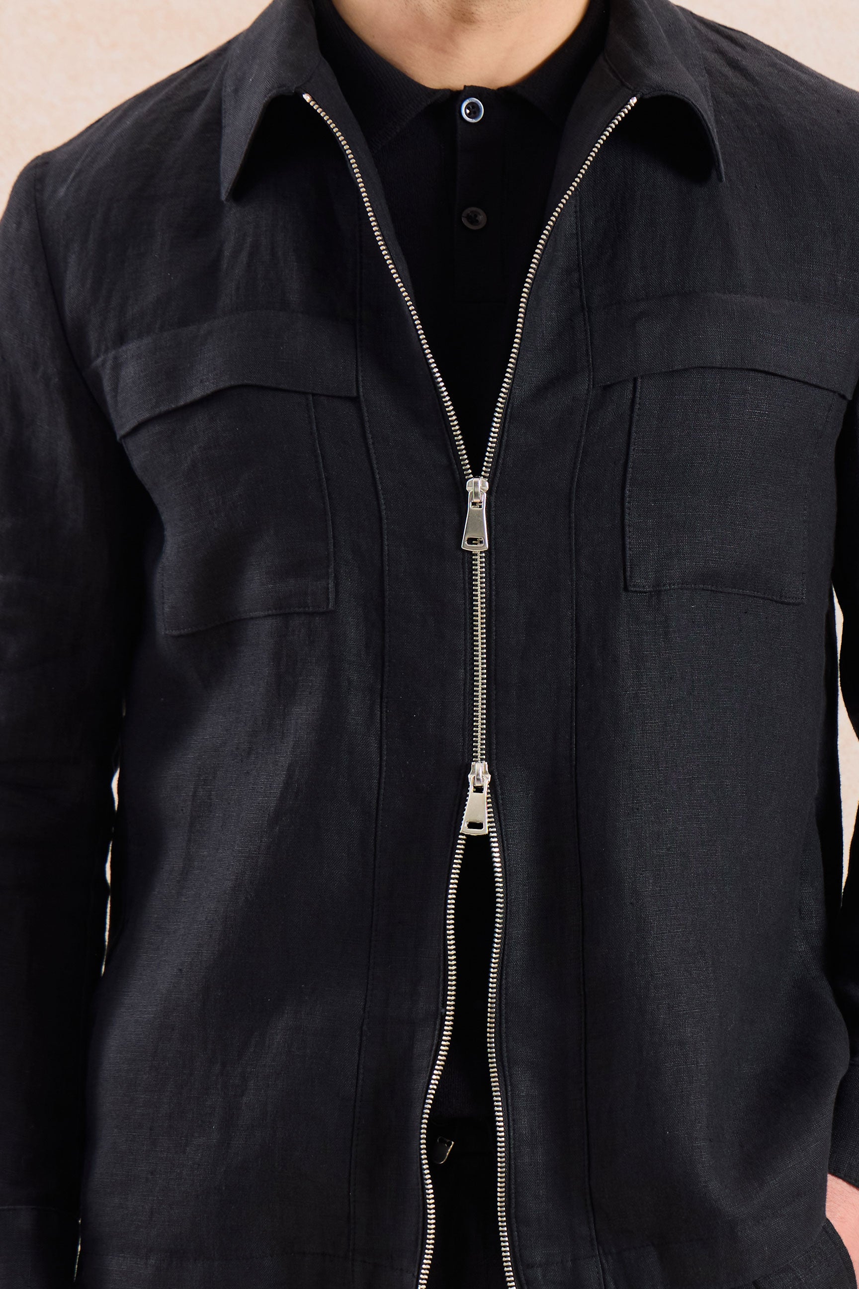 Men’s Black Zip Linen Jacket & Brown Trousers Set Smart Casual Summer Outfit