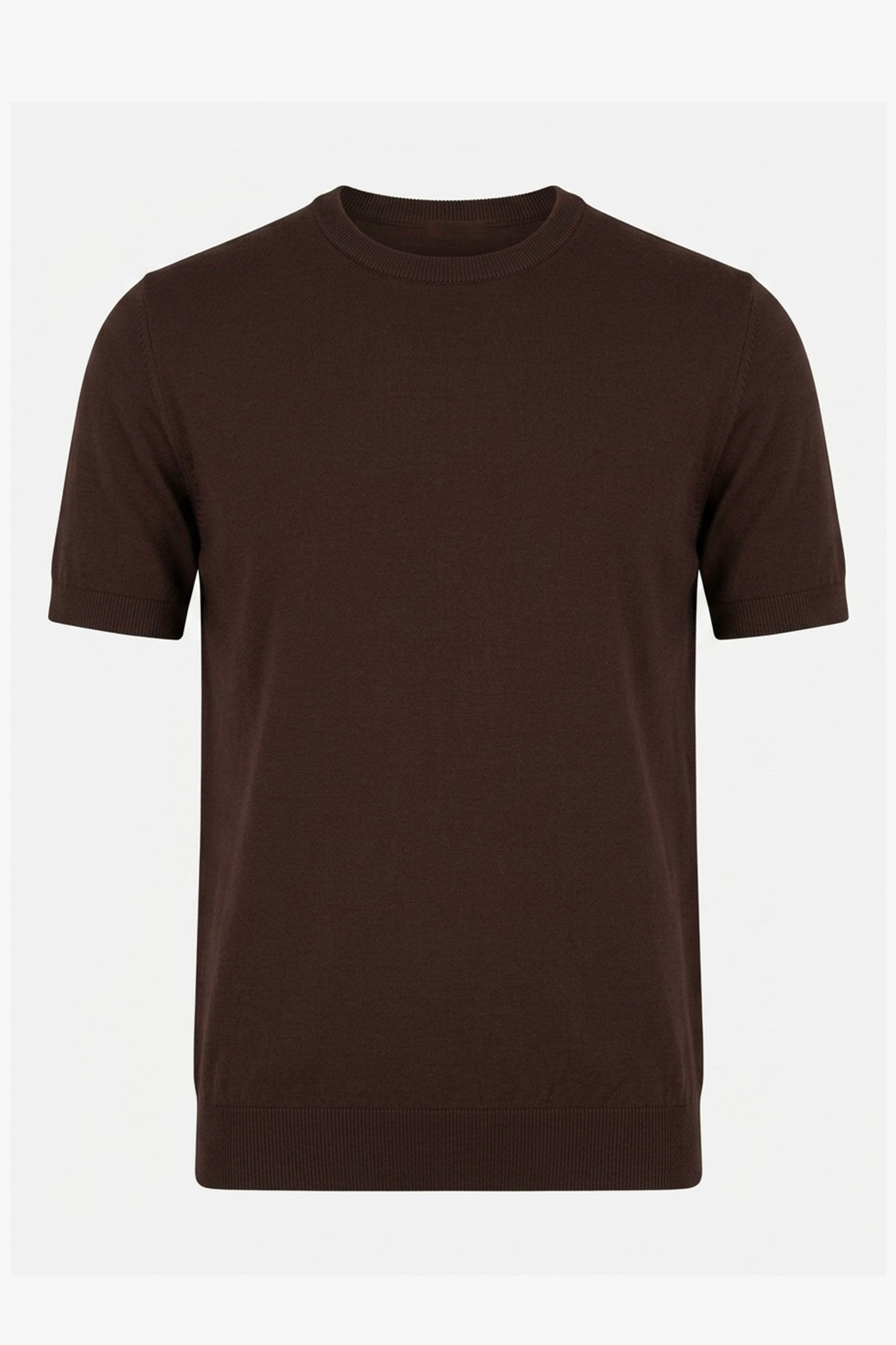 Men’s Brown Knitted T Shirt Regular Fit Crew Neck Short Sleeve Top