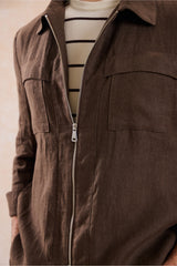Men’s Brown Zip Linen Jacket & Beige Trousers Set Smart Casual Summer Outfit