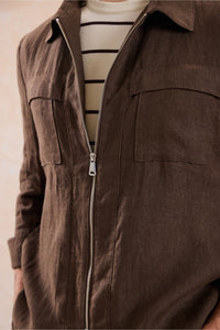 Men’s Brown Zip Linen Jacket & Beige Trousers Set Smart Casual Summer Outfit