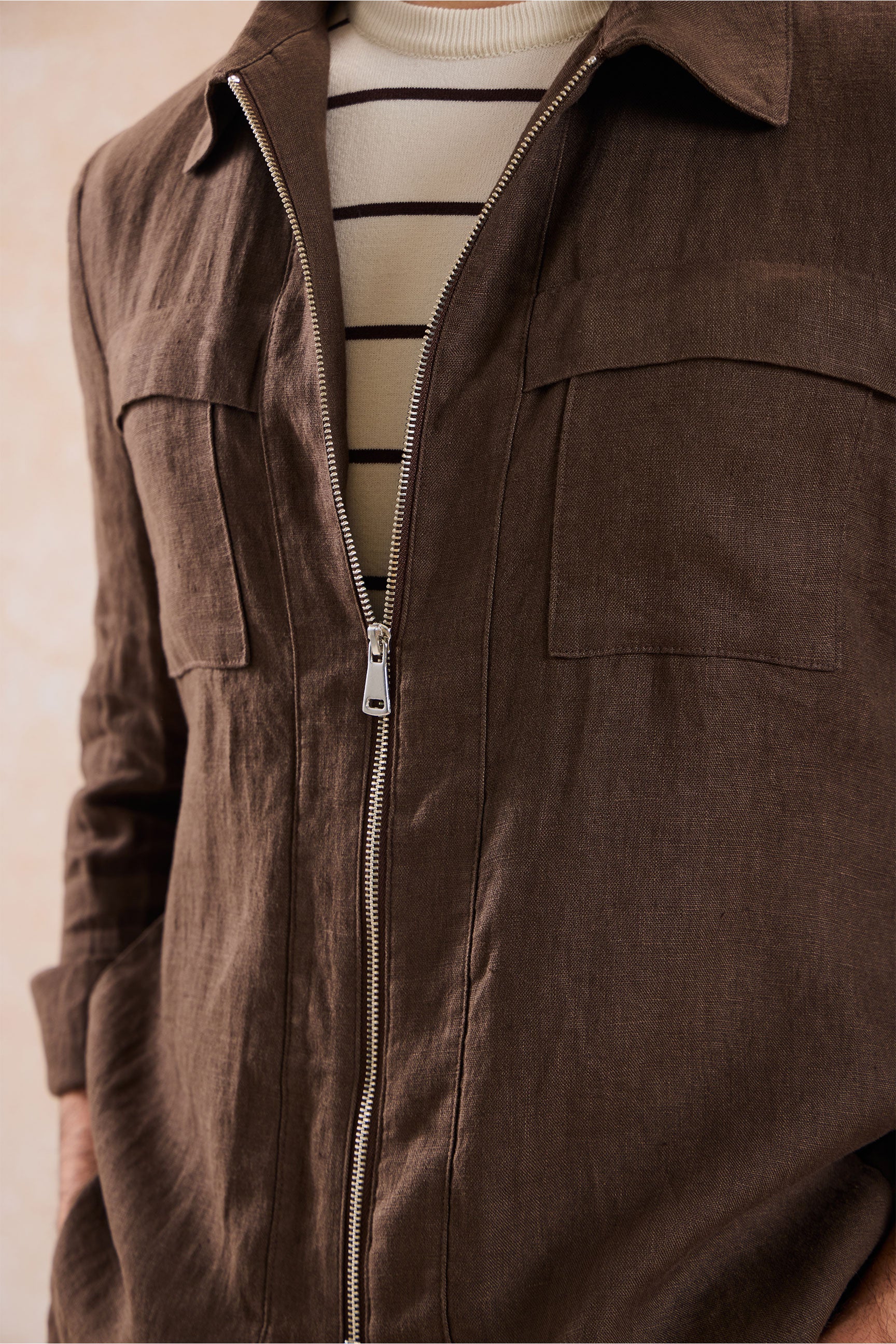 Men’s Brown Zip Linen Jacket & Beige Trousers Set Smart Casual Summer Outfit