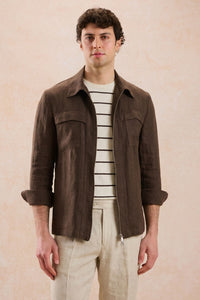 Men’s Brown Zip Linen Jacket & Beige Trousers Set Smart Casual Summer Outfit