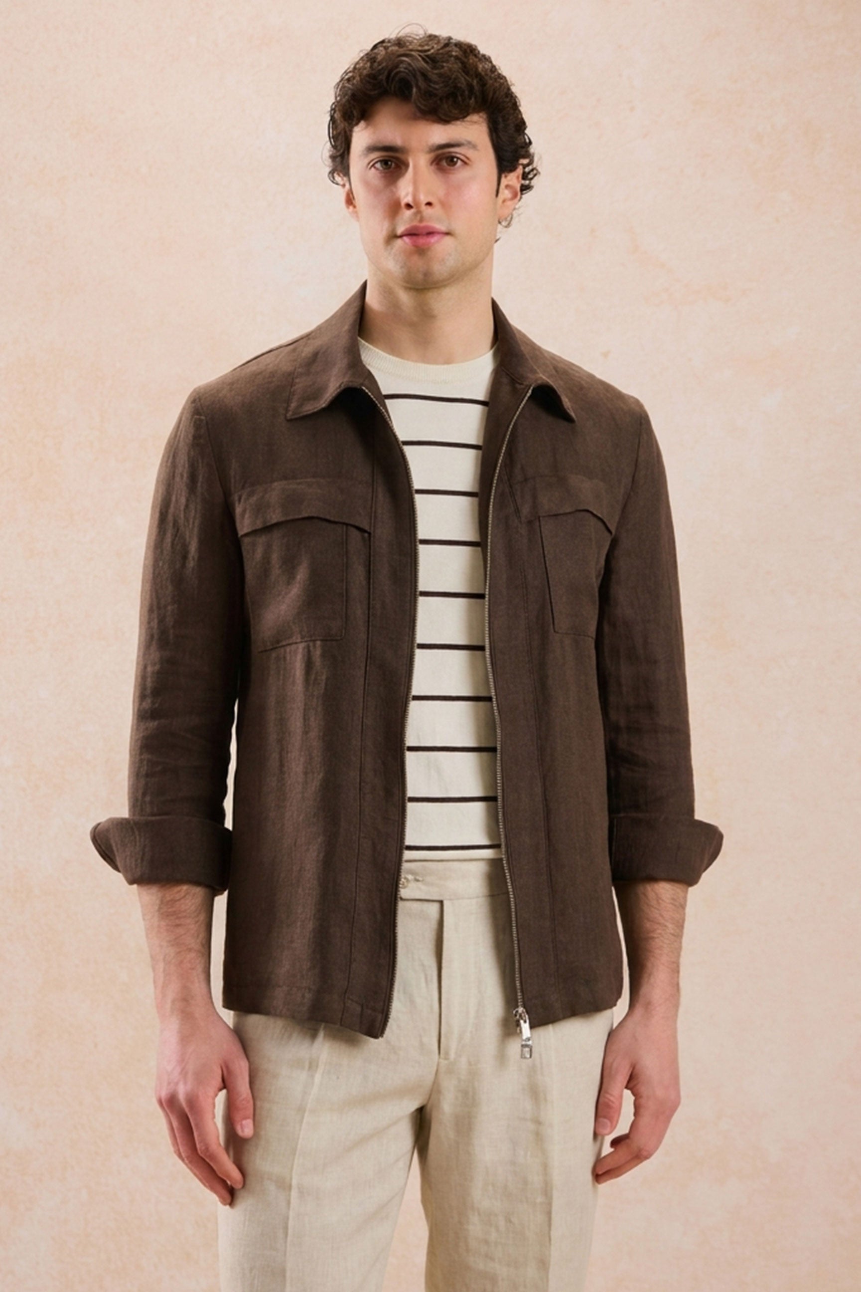 Men’s Brown Zip Linen Jacket & Beige Trousers Set Smart Casual Summer Outfit