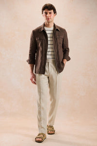 Men’s Brown Zip Linen Jacket & Beige Trousers Set Smart Casual Summer Outfit
