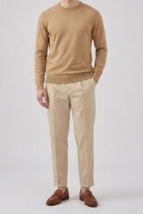 Men’s Camel Brown Crew Neck Jumper Regular Fit Knitted Pullover