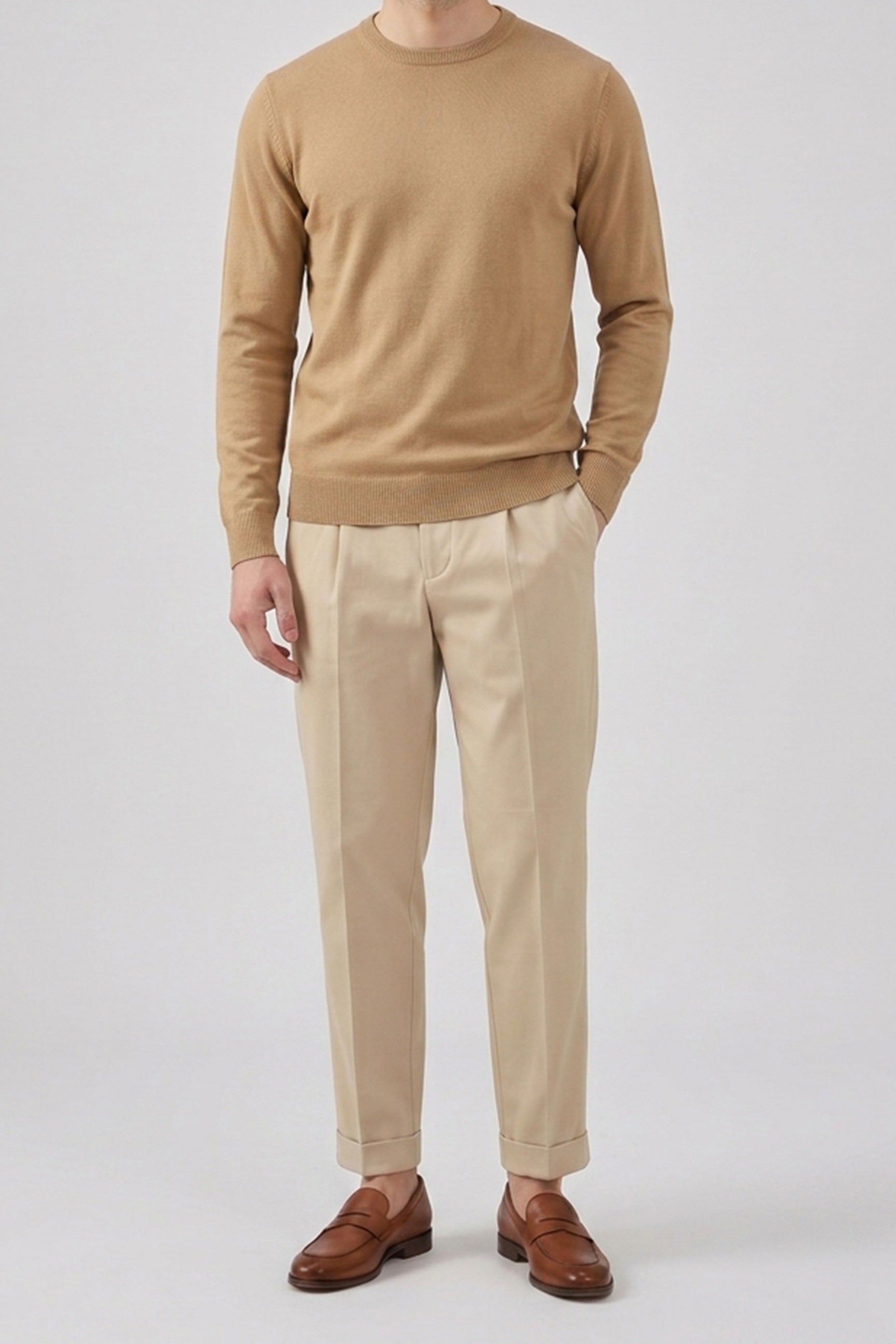 Men’s Camel Brown Crew Neck Jumper Regular Fit Knitted Pullover