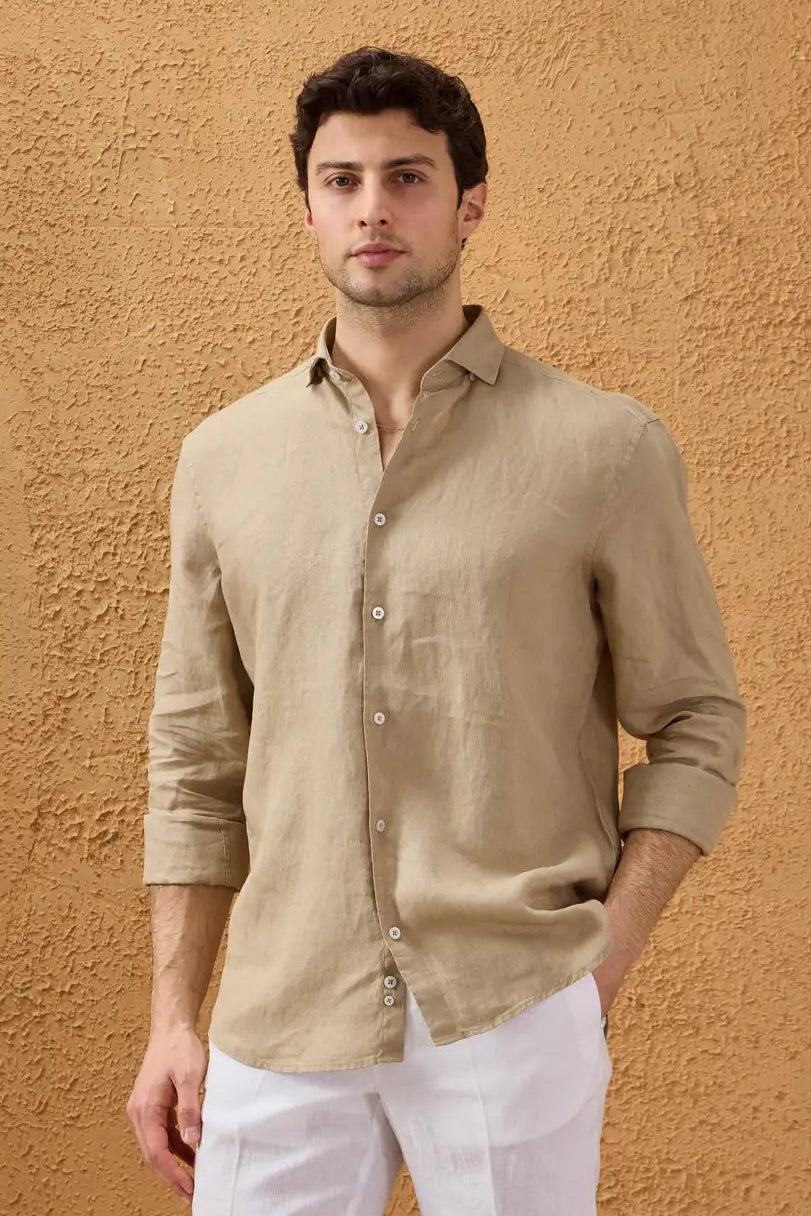 Men’s Dark Beige Pure Linen Shirt Long Sleeve Button-Down Summer Shirt