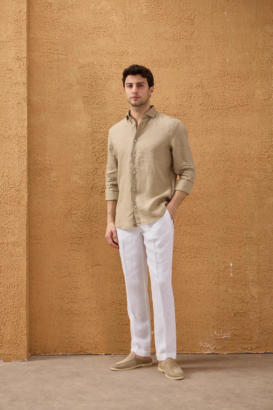 Men’s Dark Beige Pure Linen Shirt Long Sleeve Button-Down Summer Shirt