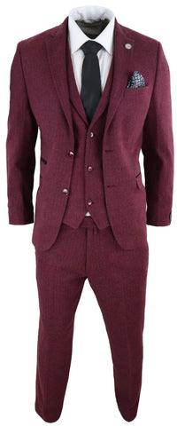 Men's Herringbone Wine Maroon 3 Piece Tweed Suit - STZ11
