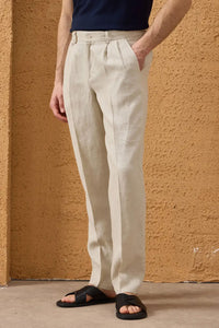 Men’s Navy Zip Linen Jacket & Beige Trousers Set Smart Casual Summer Outfit