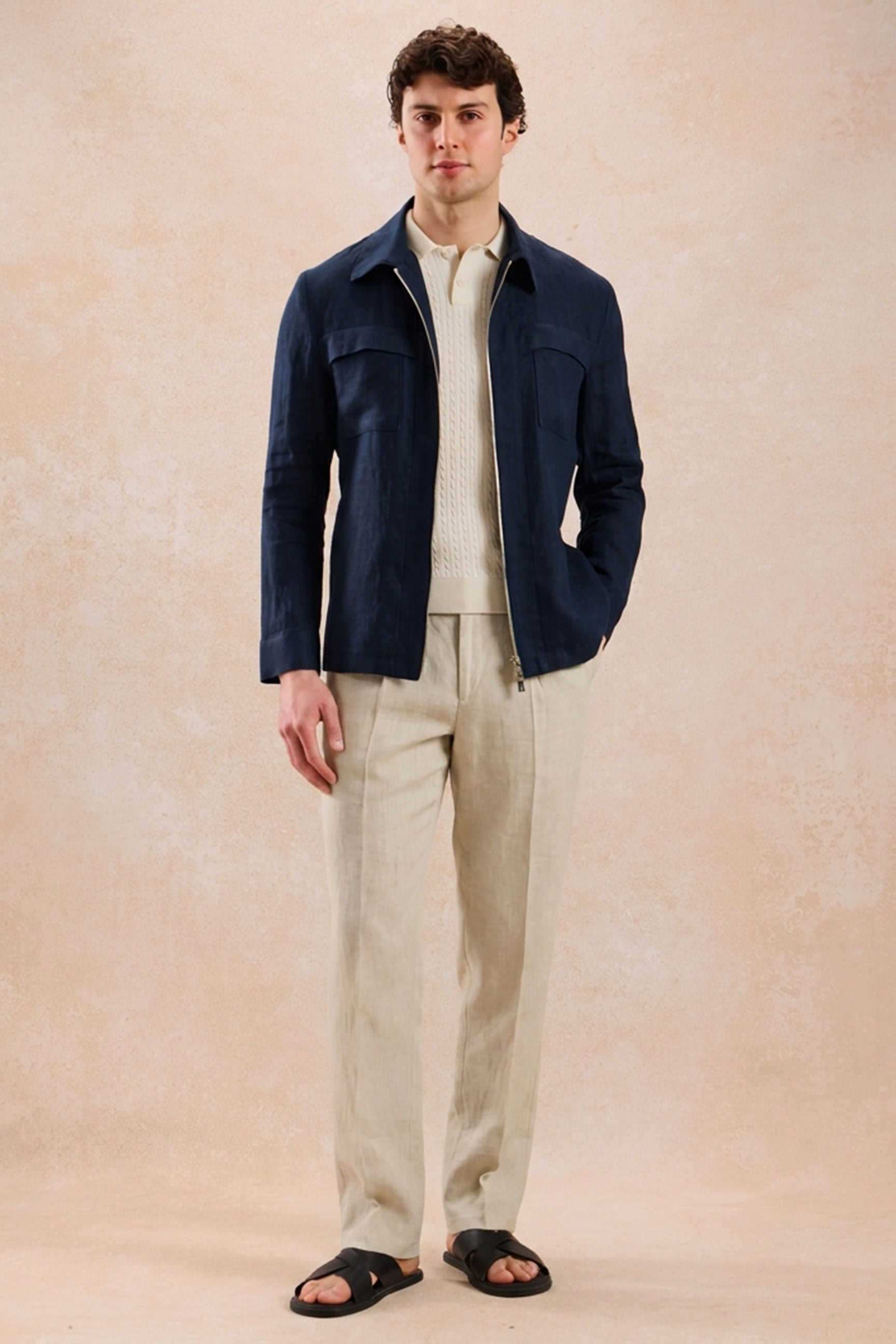 Men’s Navy Zip Linen Jacket & Beige Trousers Set Smart Casual Summer Outfit