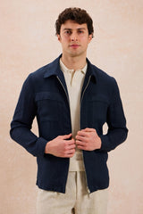 Men’s Navy Zip Linen Jacket & Beige Trousers Set Smart Casual Summer Outfit