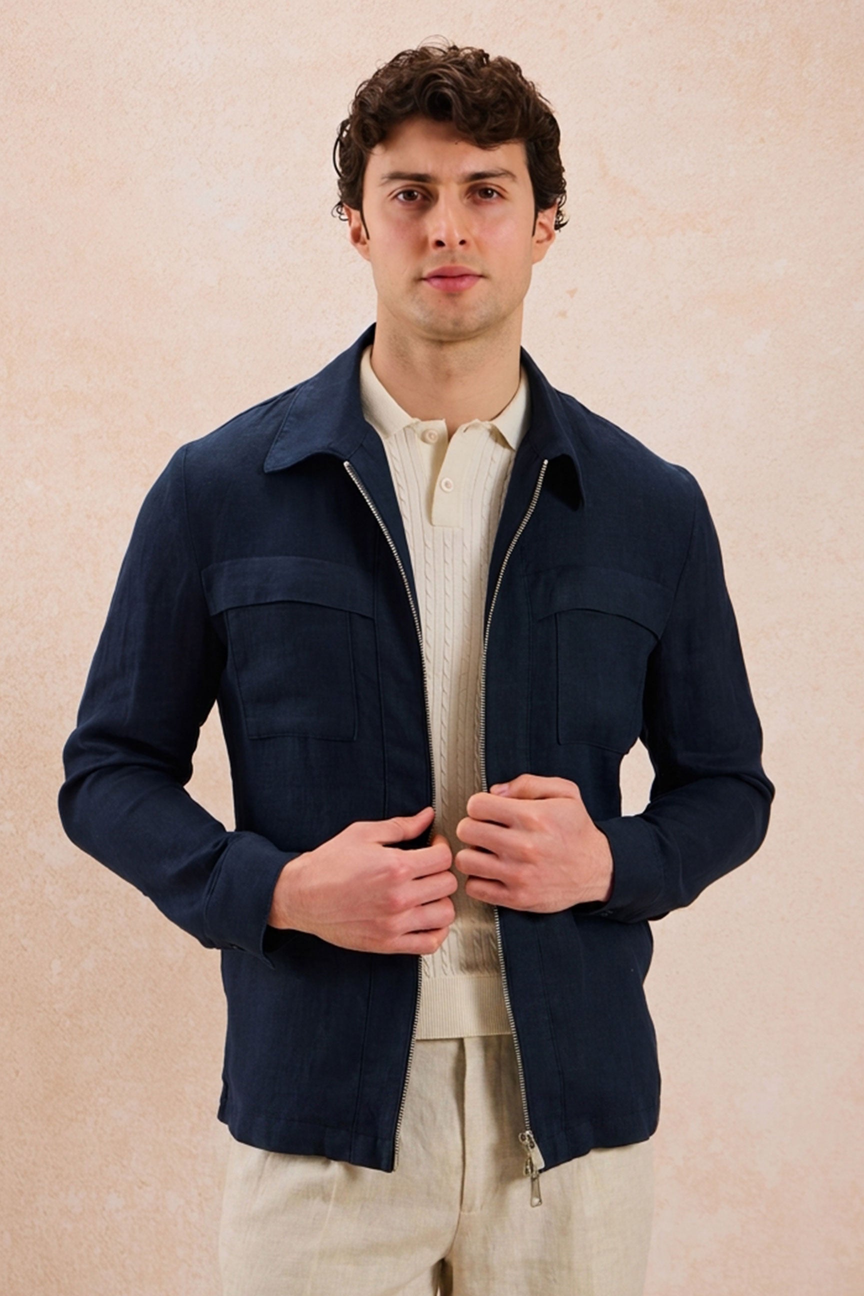 Men’s Navy Zip Linen Jacket & Beige Trousers Set Smart Casual Summer Outfit