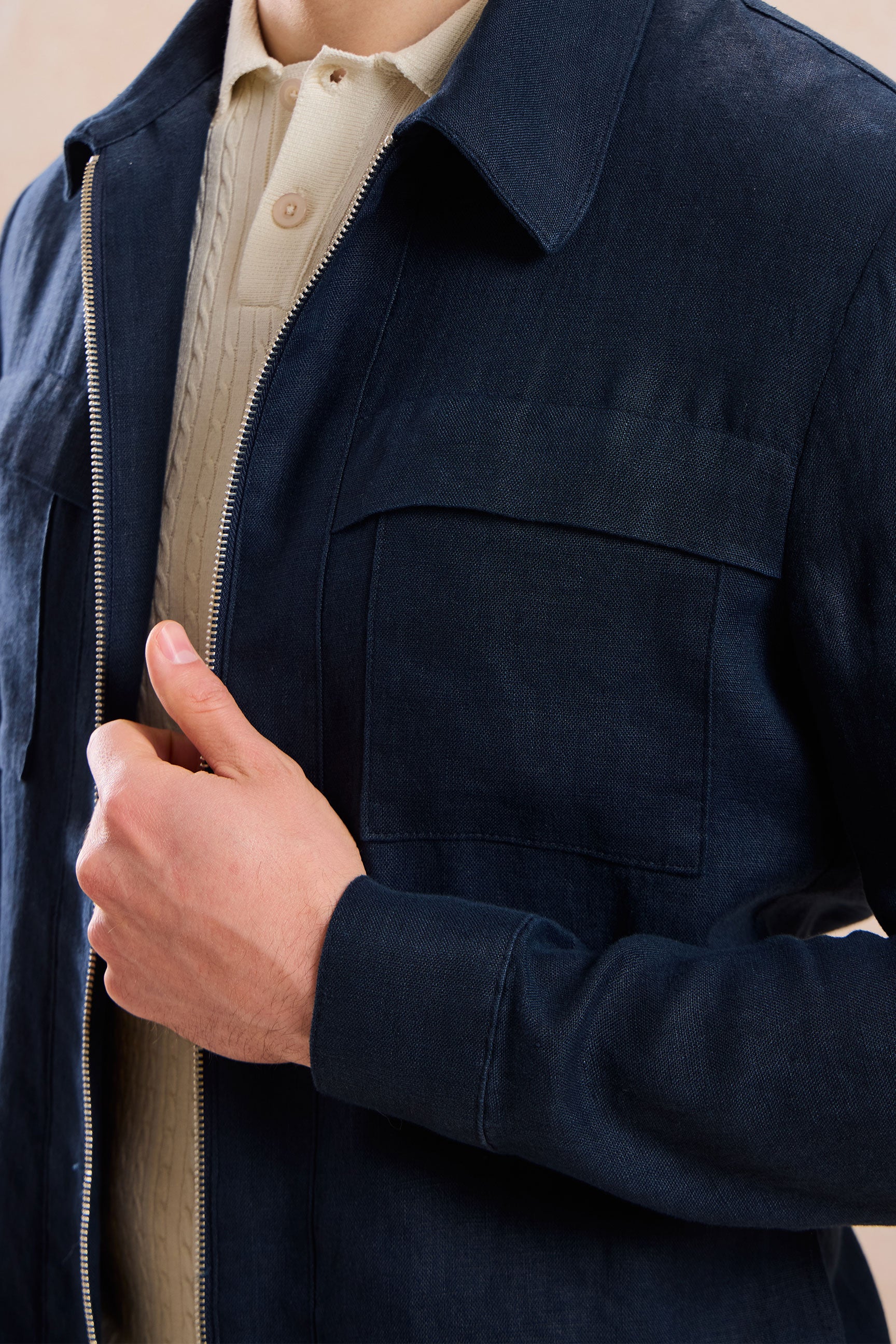 Men’s Navy Zip Linen Jacket & Beige Trousers Set Smart Casual Summer Outfit