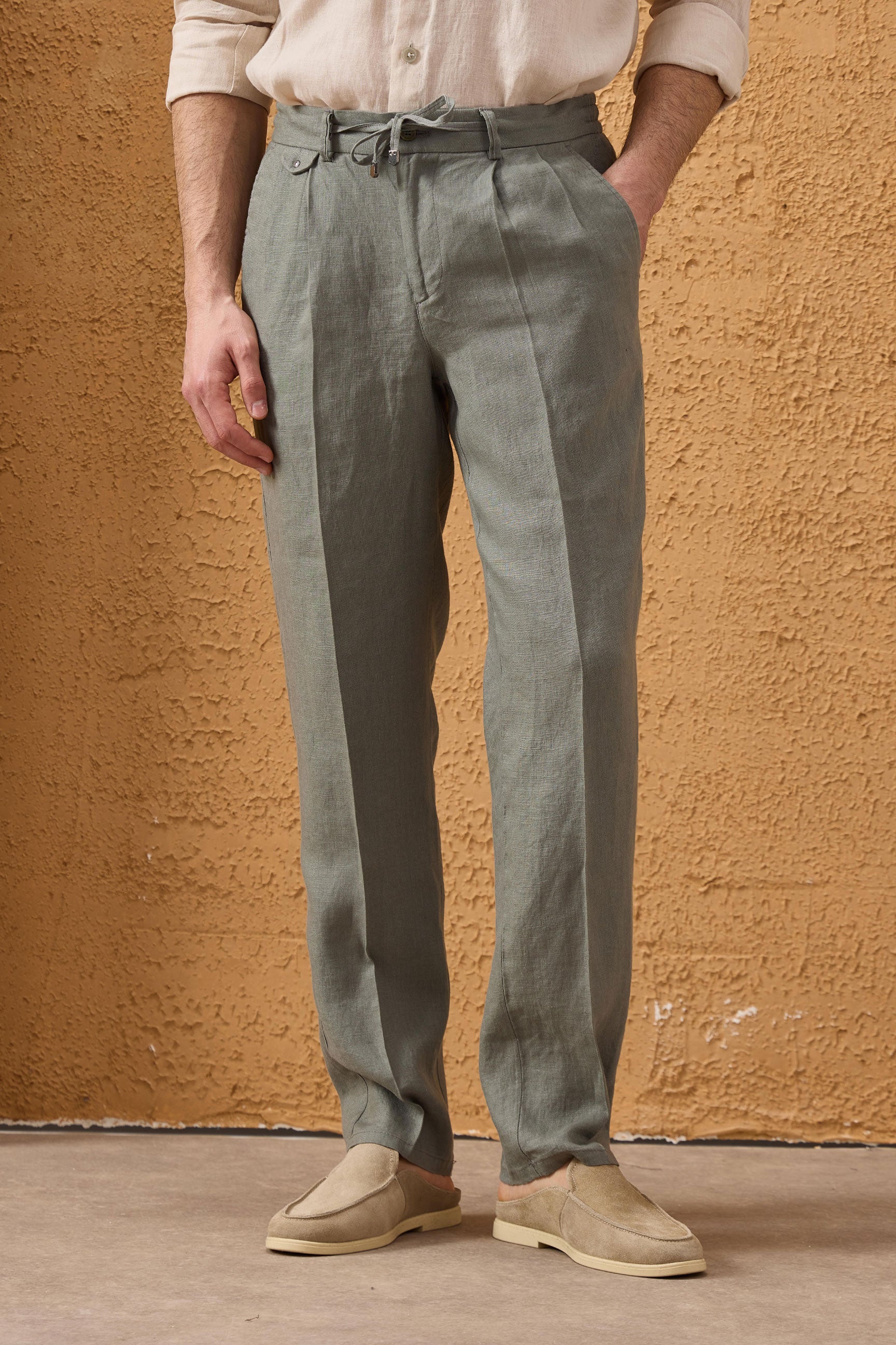 Men’s Navy Zip Linen Jacket & Sage Trousers Set Smart Casual Summer Outfit
