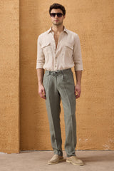 Men’s Navy Zip Linen Jacket & Sage Trousers Set Smart Casual Summer Outfit