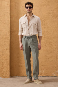 Men’s Navy Zip Linen Jacket & Sage Trousers Set Smart Casual Summer Outfit