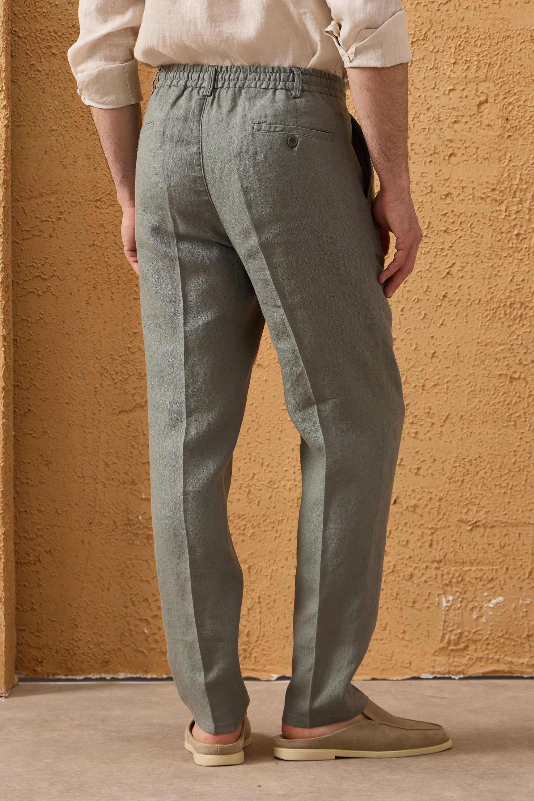 Men’s Navy Zip Linen Jacket & Sage Trousers Set Smart Casual Summer Outfit