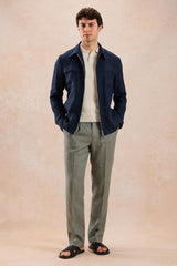 Men’s Navy Zip Linen Jacket & Sage Trousers Set Smart Casual Summer Outfit