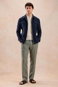Men’s Navy Zip Linen Jacket & Sage Trousers Set Smart Casual Summer Outfit
