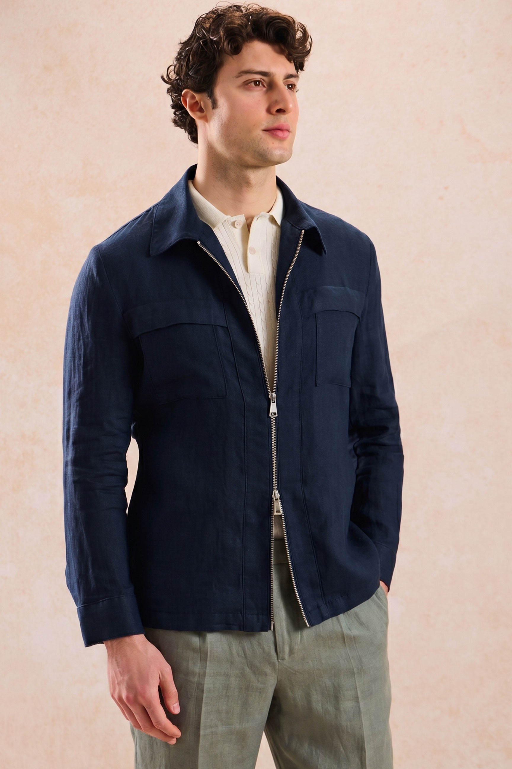 Men’s Navy Zip Linen Jacket & Sage Trousers Set Smart Casual Summer Outfit