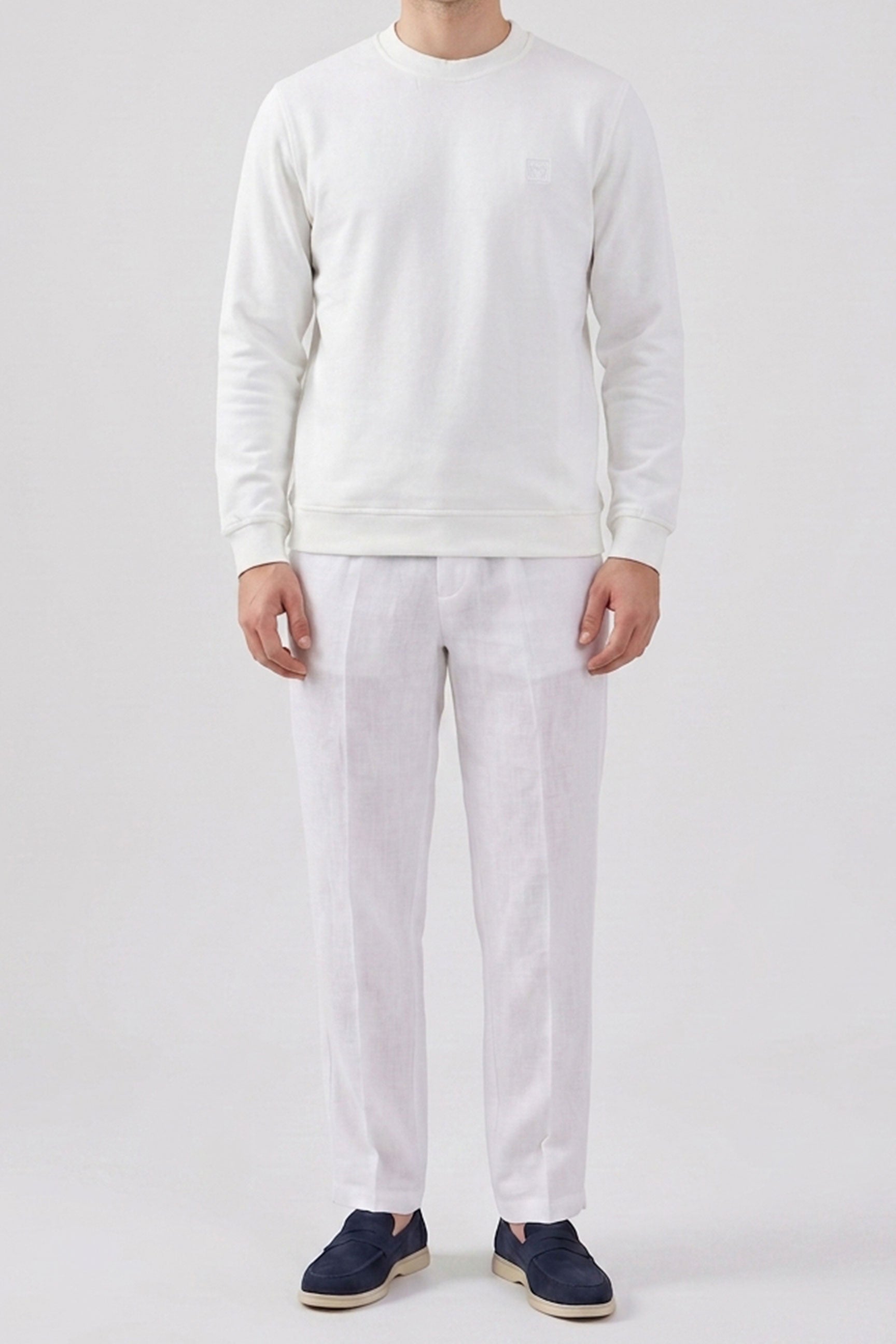 Men’s Off White Cotton Blend Crew Neck Sweatshirt Long Sleeve Stretch Pullover