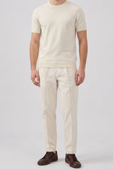 Men’s Off White Cream Knitted T Shirt Regular Fit Crew Neck Short Sleeve Top