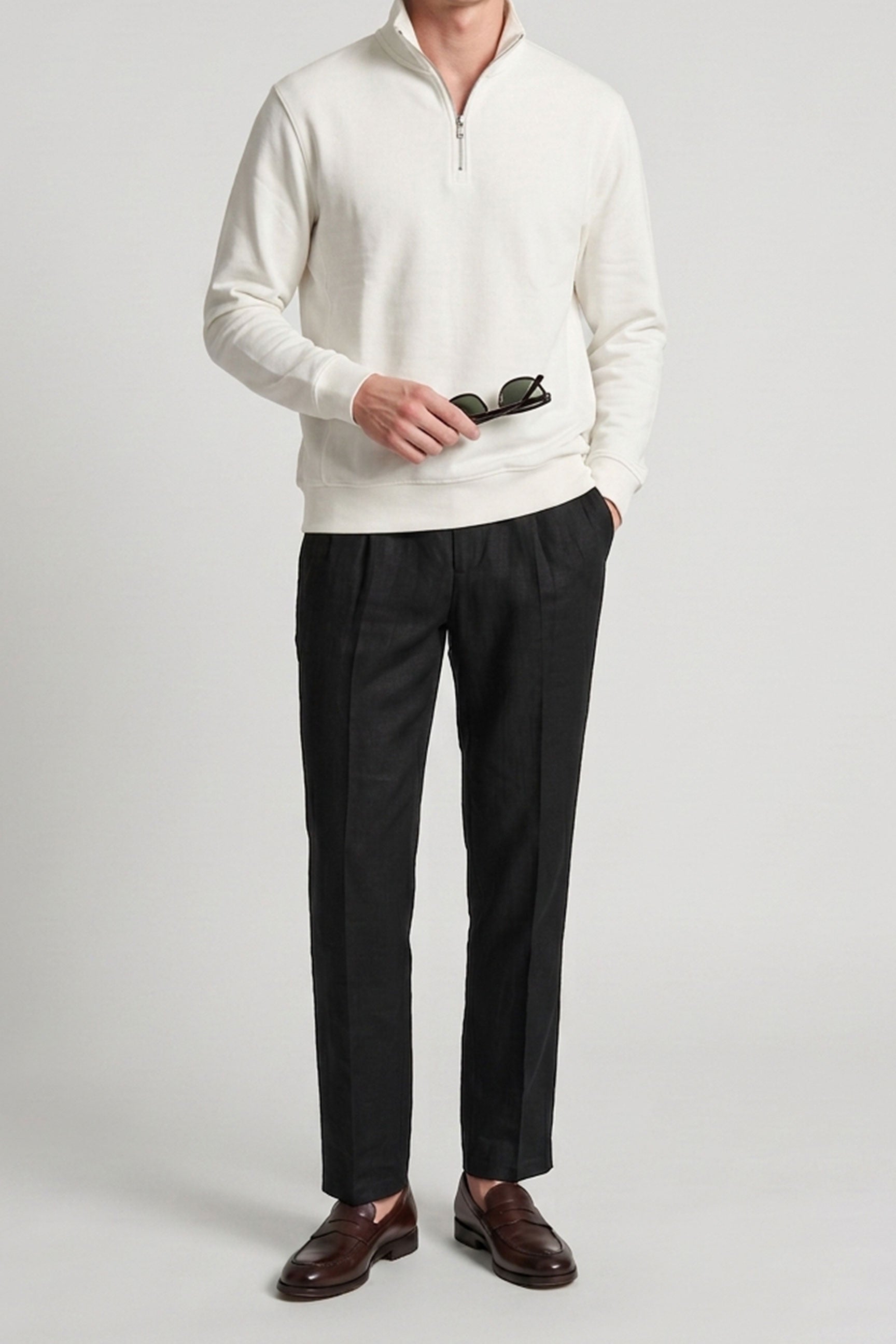 Men’s Off White Quarter Zip Sweatshirt Cotton Blend Funnel Neck Pullover