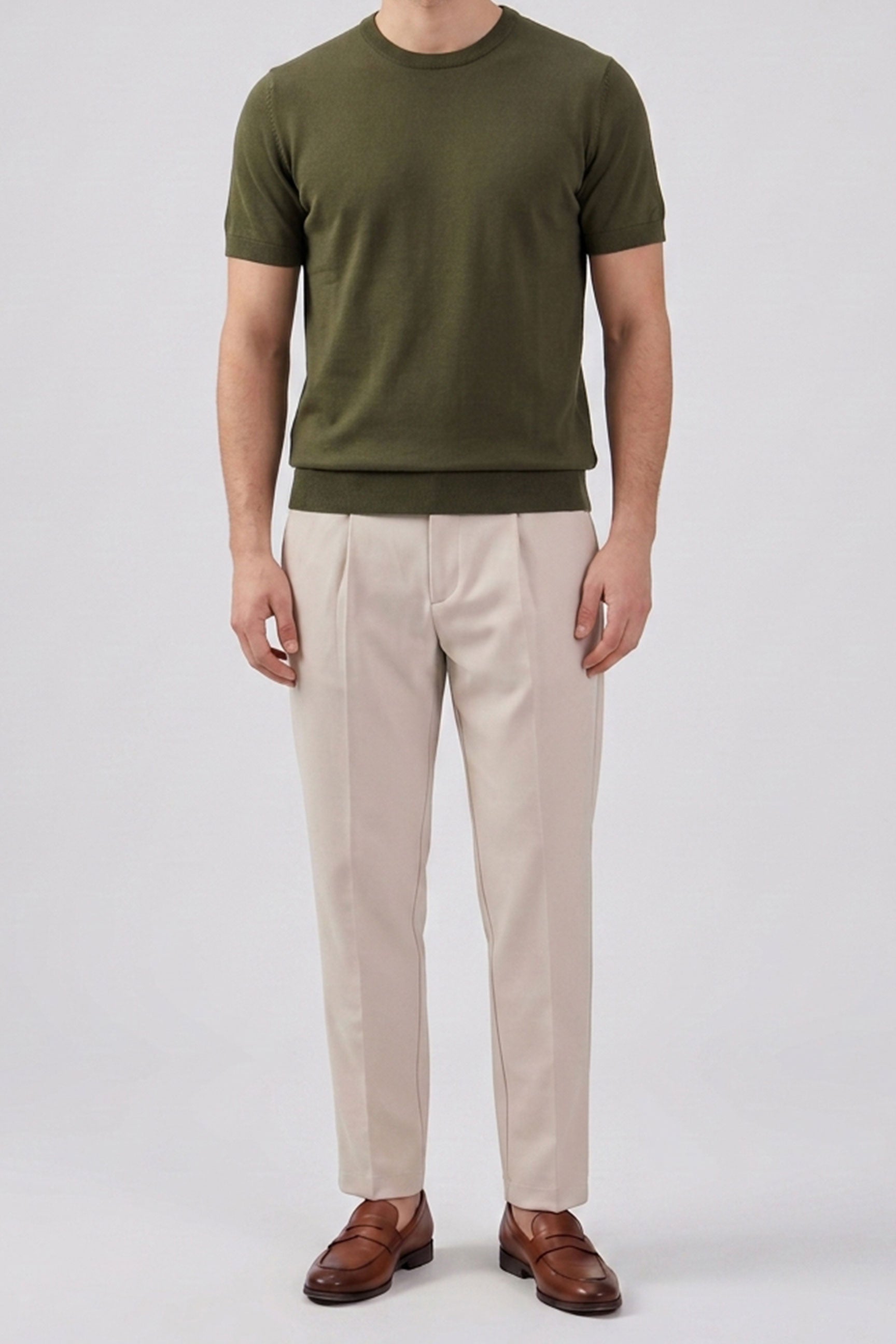 Men’s Olive Green Knitted T Shirt Regular Fit Crew Neck Short Sleeve Top