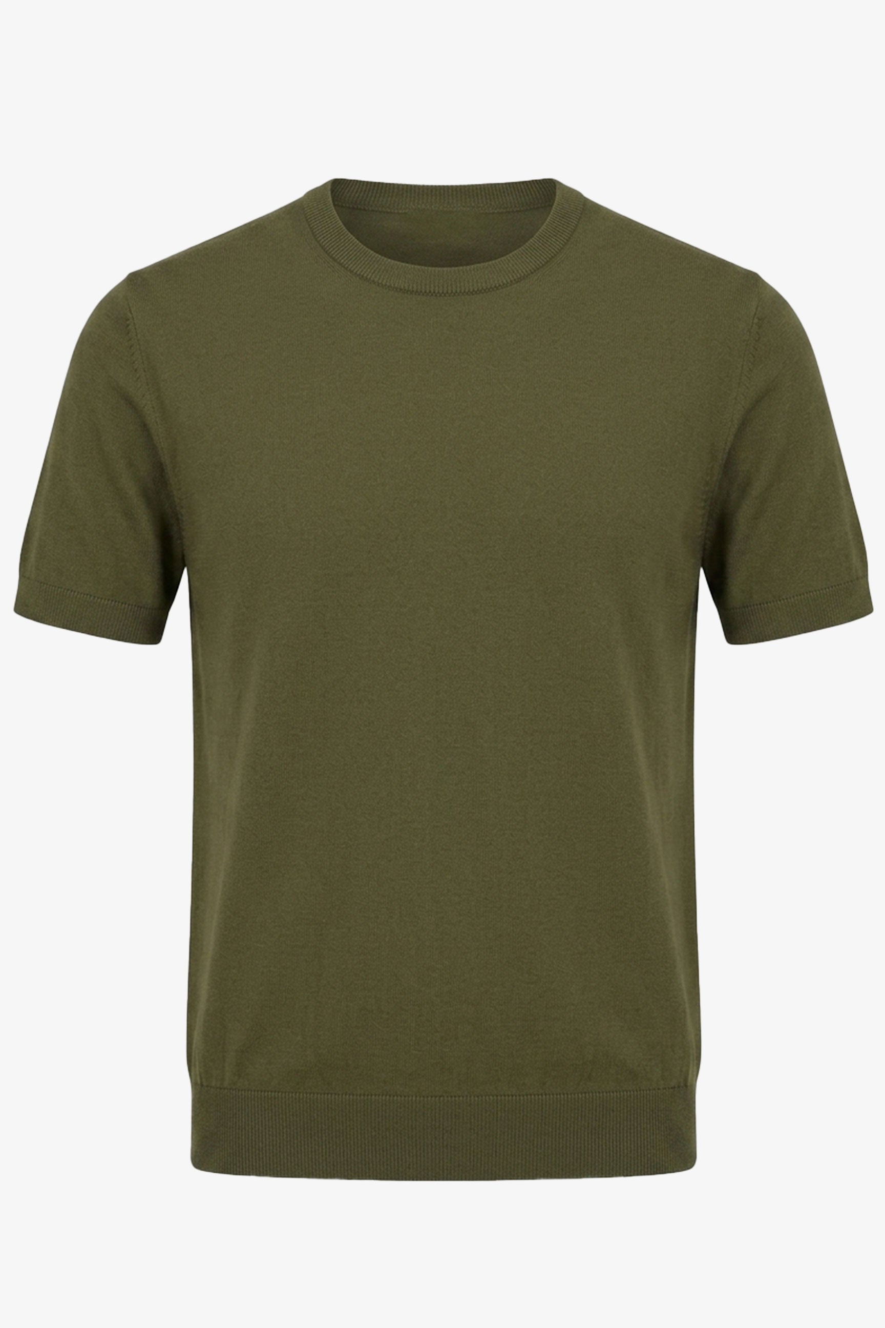 Men’s Olive Green Knitted T Shirt Regular Fit Crew Neck Short Sleeve Top