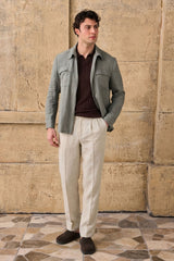 Men’s Sage Green Zip Linen Jacket & Beige Trousers Set Smart Casual Summer Outfit