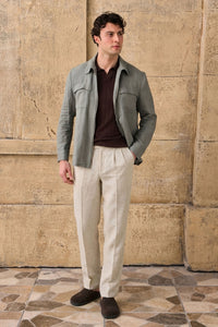 Men’s Sage Green Zip Linen Jacket & Beige Trousers Set Smart Casual Summer Outfit