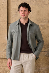 Men’s Sage Green Zip Linen Jacket & Beige Trousers Set Smart Casual Summer Outfit