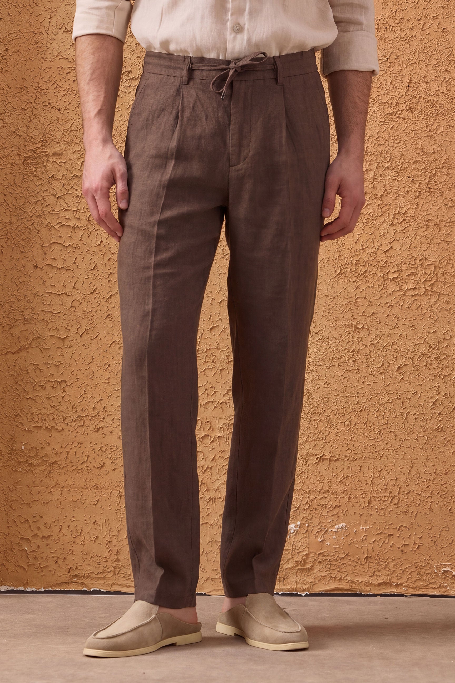 Men’s Sage Green Zip Linen Jacket & Brown Trousers Set Smart Casual Summer Outfit