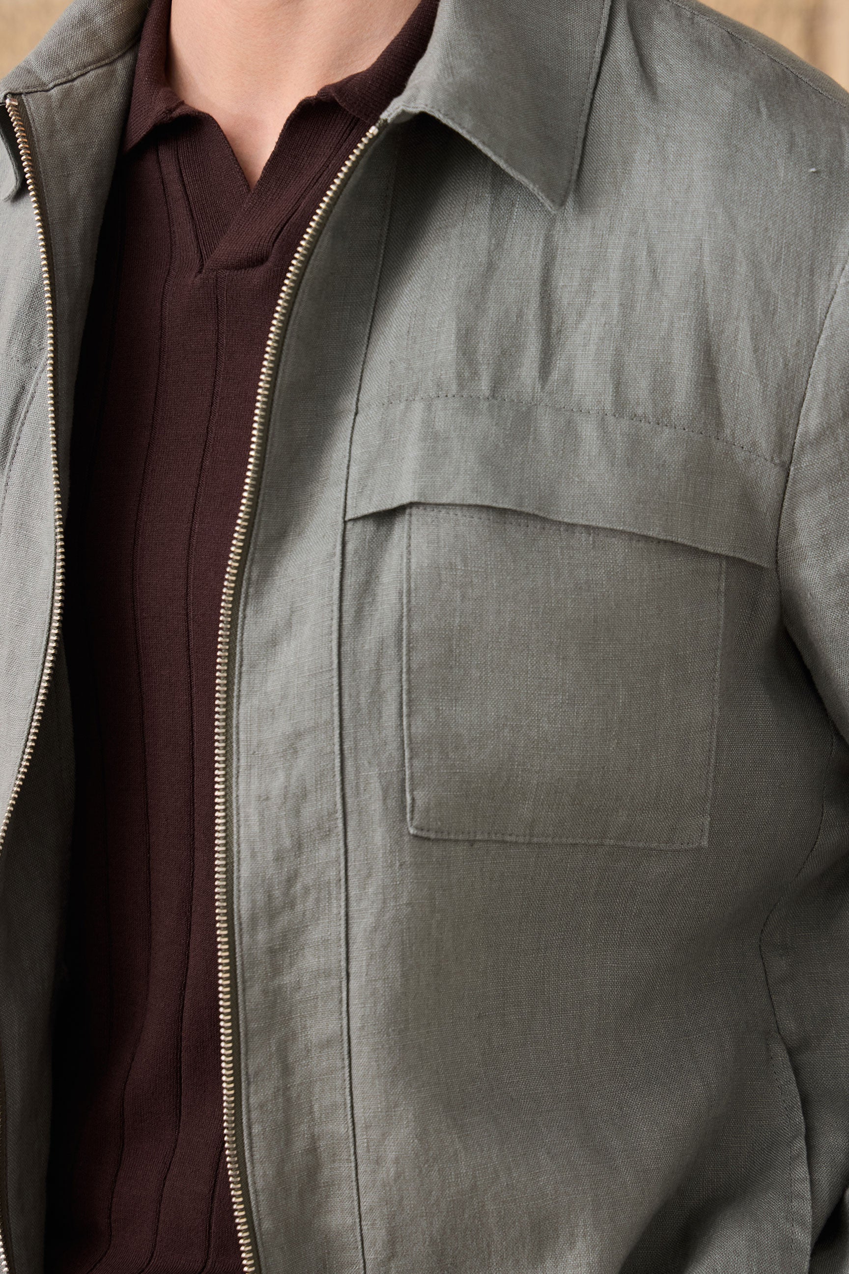 Men’s Sage Green Zip Linen Jacket & Brown Trousers Set Smart Casual Summer Outfit