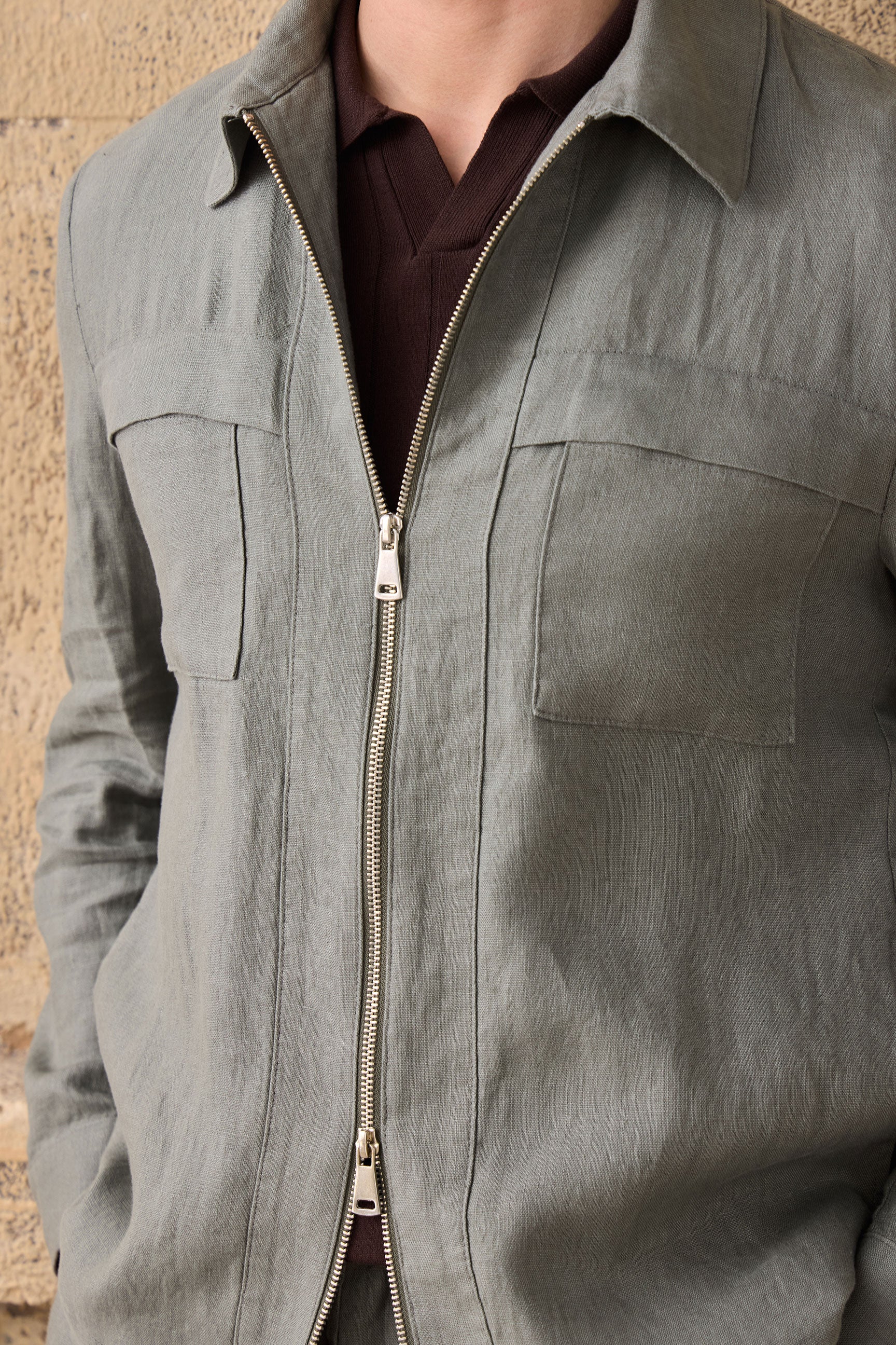 Men’s Sage Green Zip Linen Jacket & Brown Trousers Set Smart Casual Summer Outfit