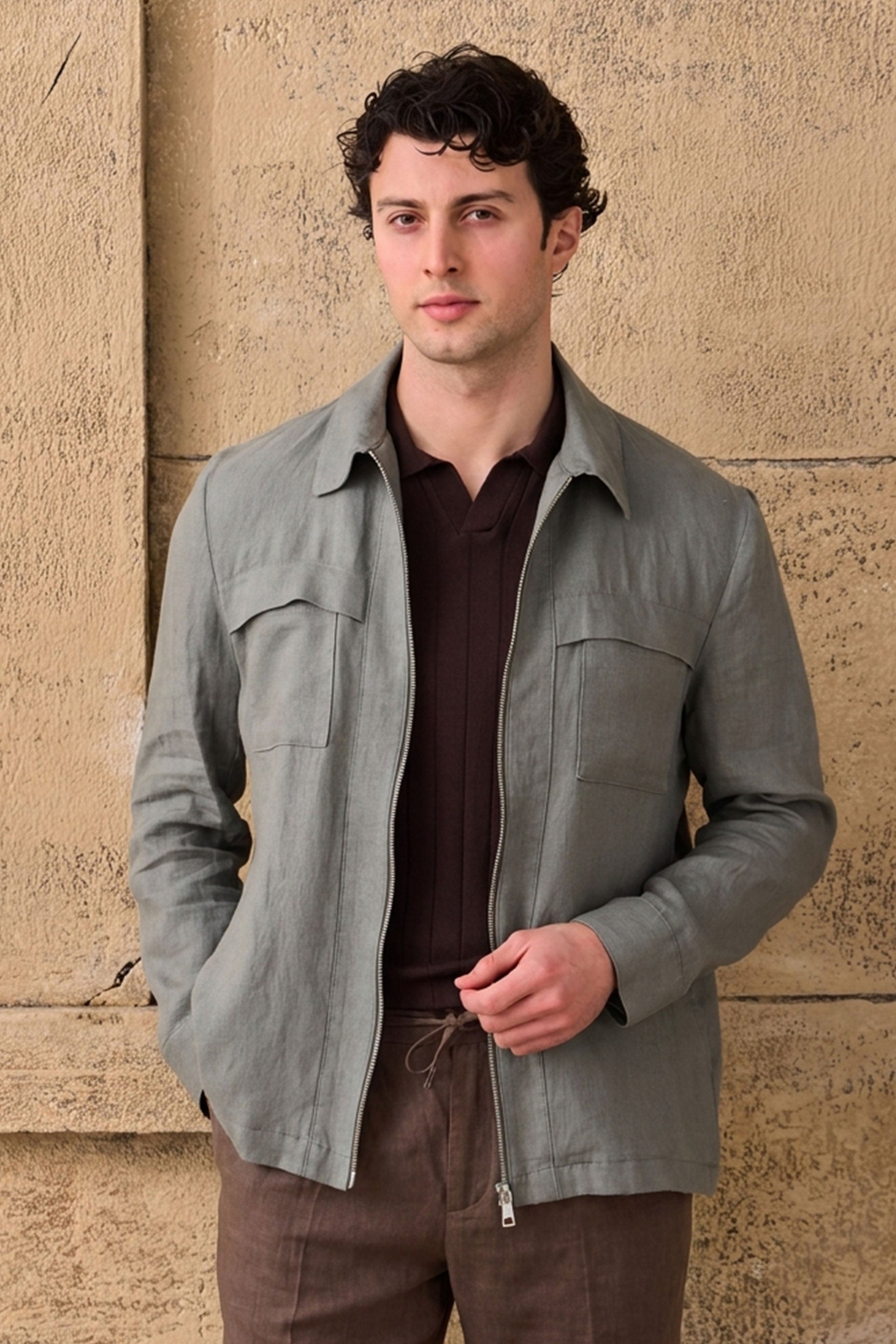 Men’s Sage Green Zip Linen Jacket & Brown Trousers Set Smart Casual Summer Outfit