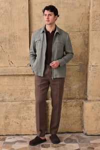 Men’s Sage Green Zip Linen Jacket & Brown Trousers Set Smart Casual Summer Outfit