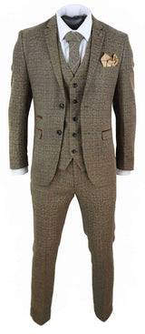 Mens 3 Piece Tweed Check Suit - Brown