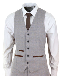 Mens 3 Piece Tweed Check Suit - Cream