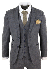 Mens 3 Piece Tweed Check Suit - Navy Blue
